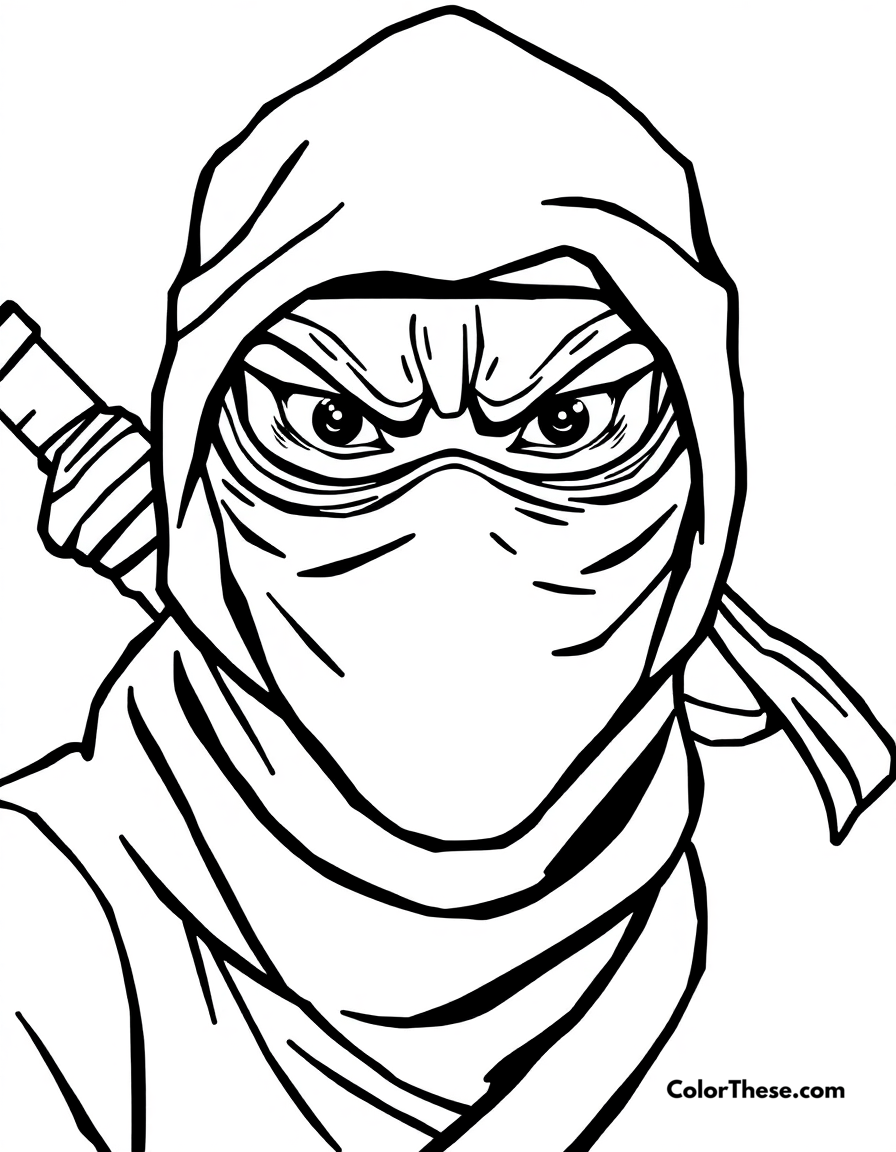 Free printable ninja with a mask coloring page for kids and adults - A a ninja wearing a traditional mask, ready for action.