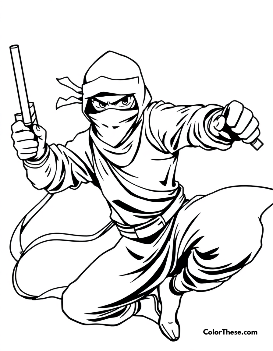 Free printable ninja with nunchucks coloring page for kids and adults - A a ninja wielding nunchucks in a dynamic pose.