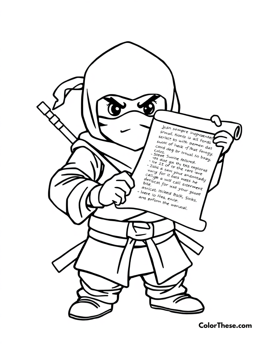 Free printable ninja with a scroll coloring page for kids and adults - A a ninja holding a scroll with important information.