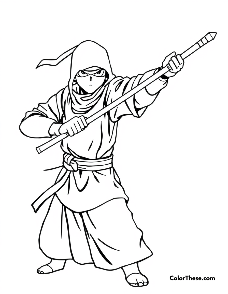 Free printable ninja with a staff coloring page for kids and adults - A a ninja wielding a staff in a defensive stance.