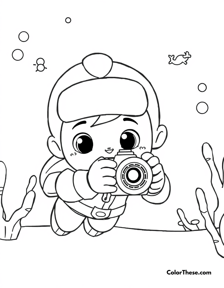 Free printable dashi taking underwater photos coloring page for kids and adults - A dashi the octonauts photographer capturing underwater moments.