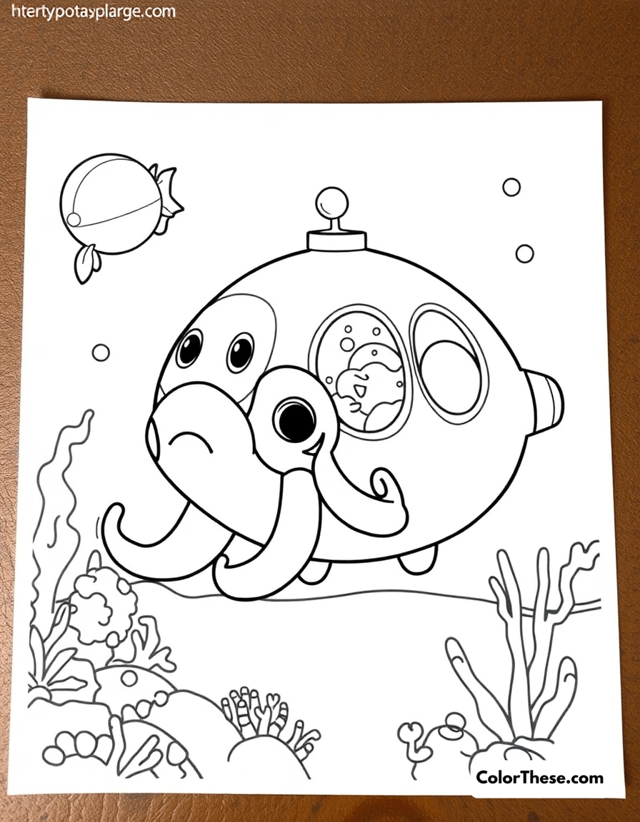 Free printable the octopod in action coloring page for kids and adults - A the octonauts' octopod exploring the ocean.