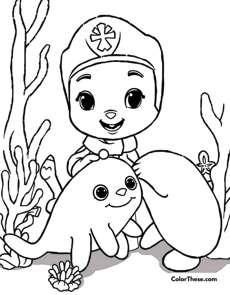 Free printable peso the medic helping a sea creature coloring page for kids and adults - A peso the octonauts medic assisting a sea creature.