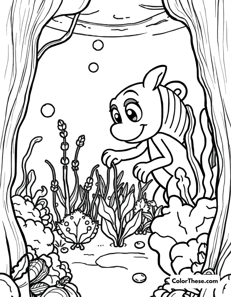 Free printable tunip the vegimal gardening coloring page for kids and adults - A tunip the vegimal tending to an underwater garden.