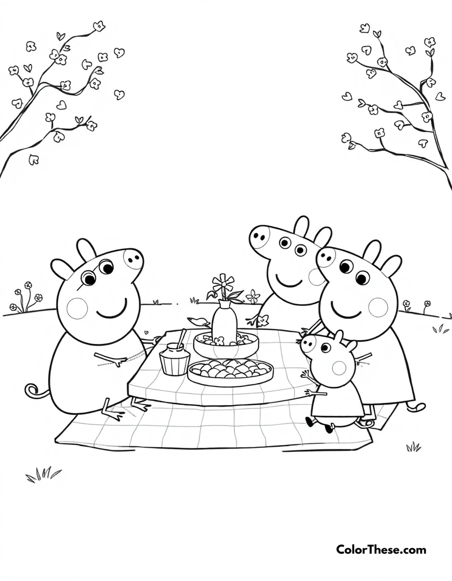 Free printable peppa pig and family having a picnic coloring page for kids and adults - A peppa pig and her family enjoying a picnic together.