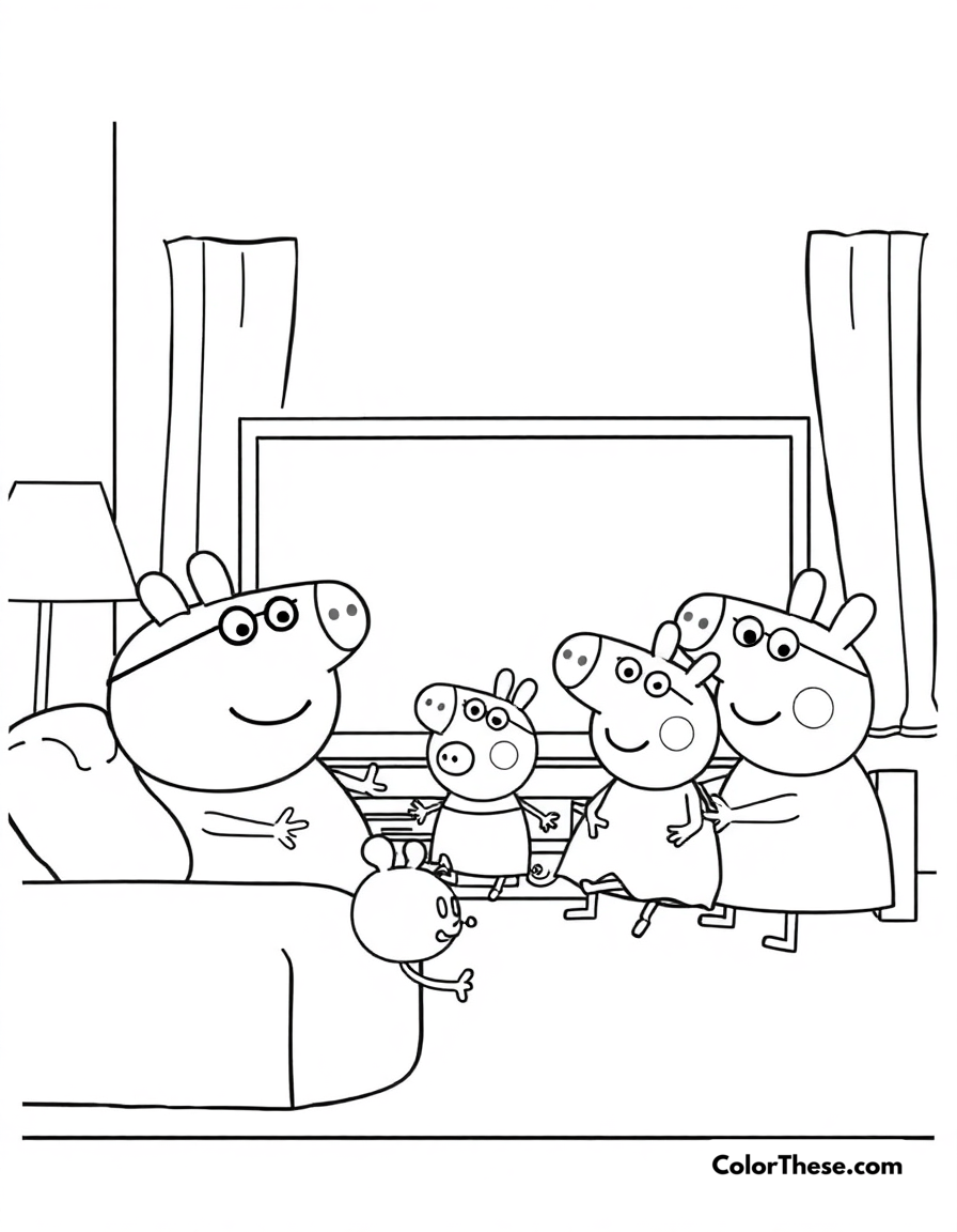 Free printable peppa pig and family watching tv coloring page for kids and adults - A peppa pig and her family relaxing and watching tv together.