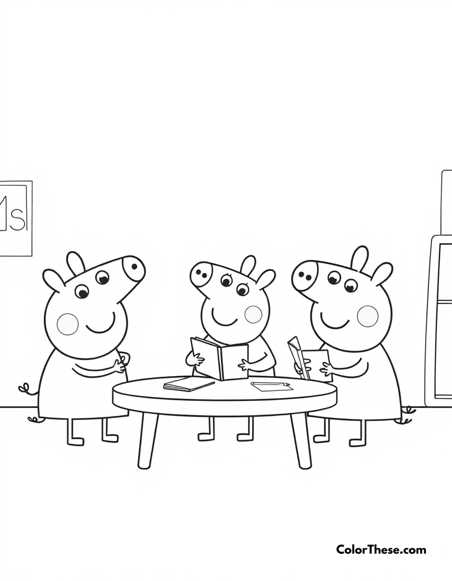 Free printable peppa pig and friends at school coloring page for kids and adults - A peppa pig and her friends learning at school.