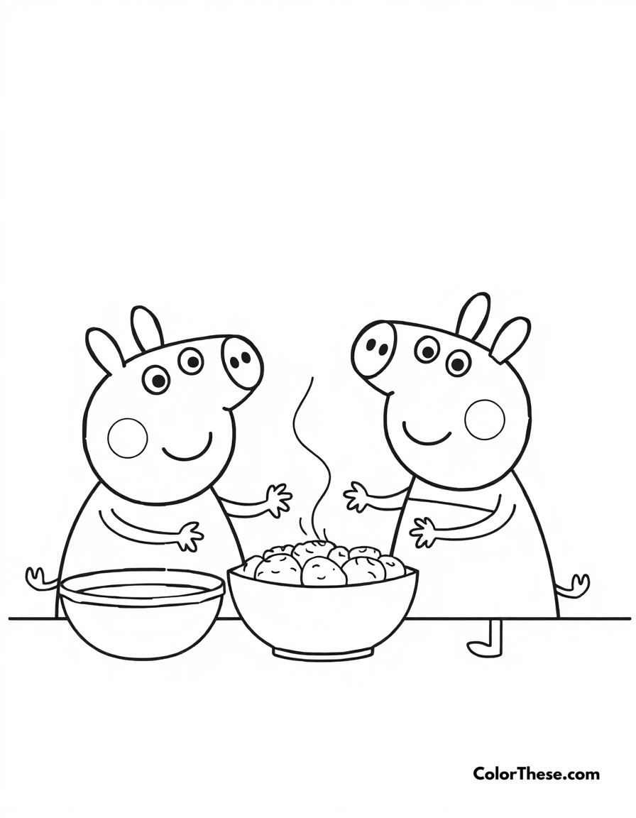 Free printable peppa pig and george baking with mummy pig coloring page for kids and adults - A peppa pig and george pig baking with mummy pig.