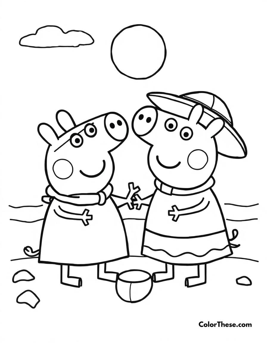 Free printable peppa pig and george at the beach coloring page for kids and adults - A peppa pig and george pig playing at the beach.