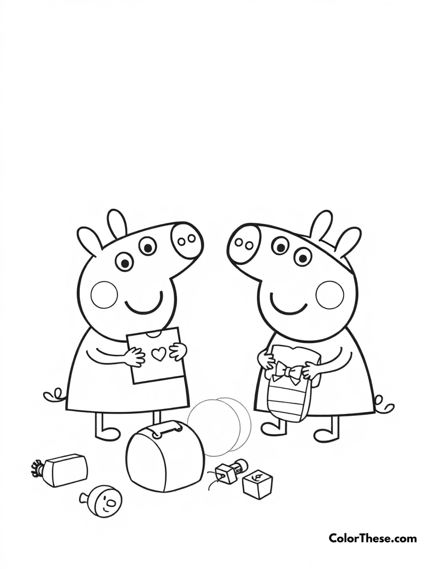 Free printable peppa pig and george playing with toys coloring page for kids and adults - A peppa pig and george pig playing with their favorite toys.