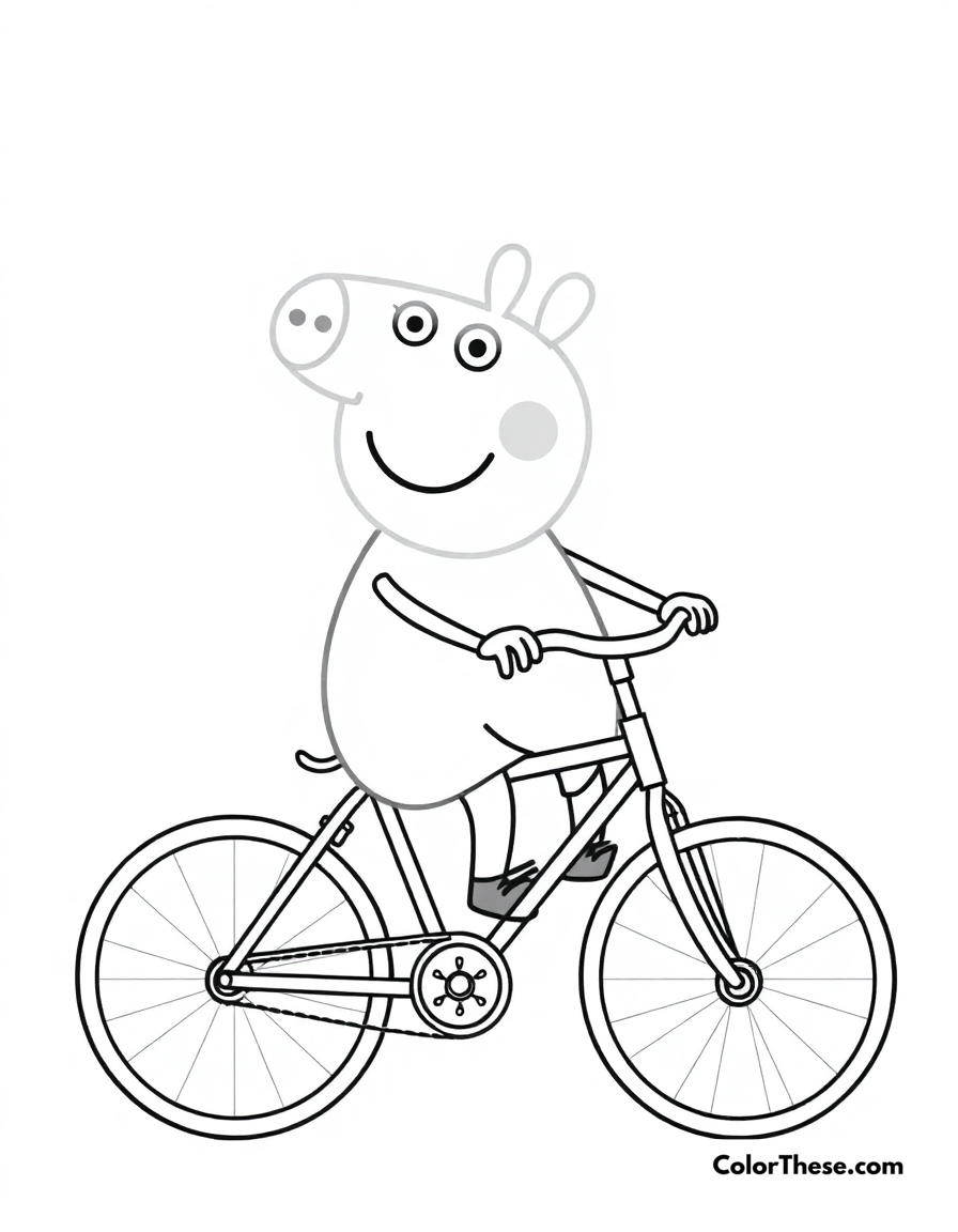 Free printable peppa pig riding her bicycle coloring page for kids and adults - A peppa pig riding her bicycle with a big smile.