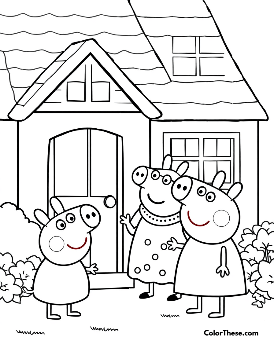 Free printable peppa pig visiting granny and grandpa pig coloring page for kids and adults - A peppa pig visiting granny and grandpa pig at their house.