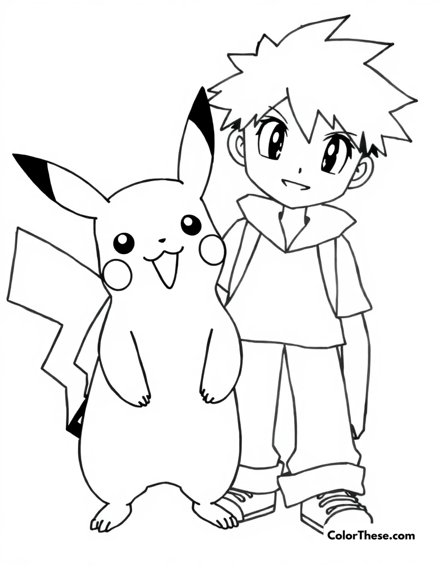 Free printable pikachu and ash together coloring page for kids and adults - A pikachu standing next to ash, its best friend and trainer.