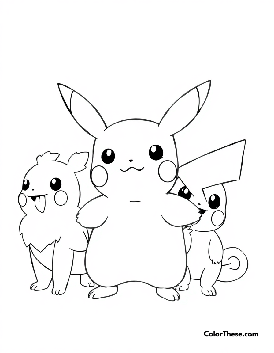 Free printable pikachu and friends coloring page for kids and adults - A pikachu standing with its pokémon friends.