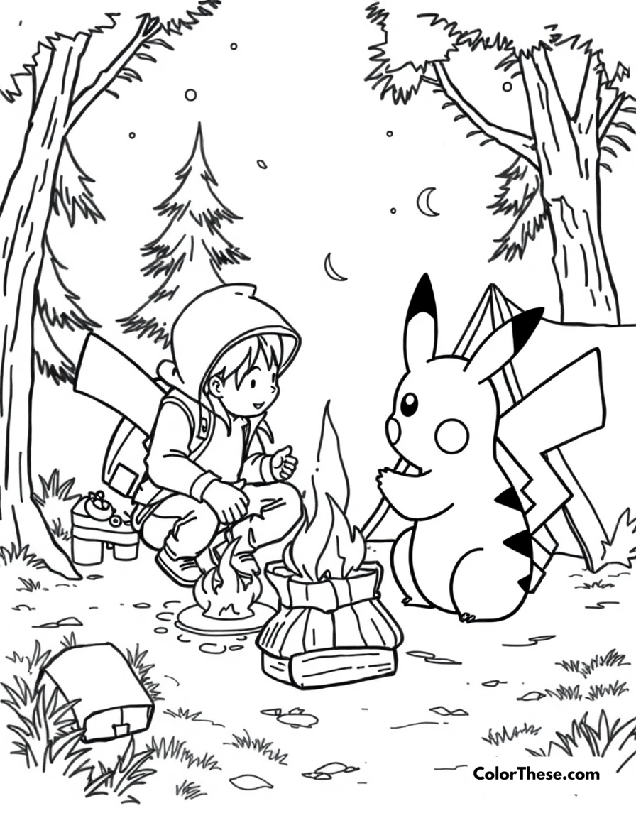 Free printable pikachu and ash camping coloring page for kids and adults - A pikachu and ash setting up a campsite.