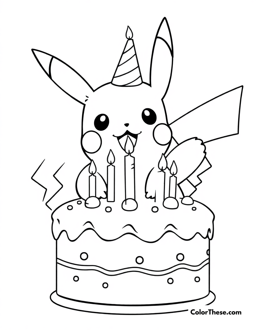 Free printable pikachu and a birthday cake coloring page for kids and adults - A pikachu celebrating with a birthday cake.