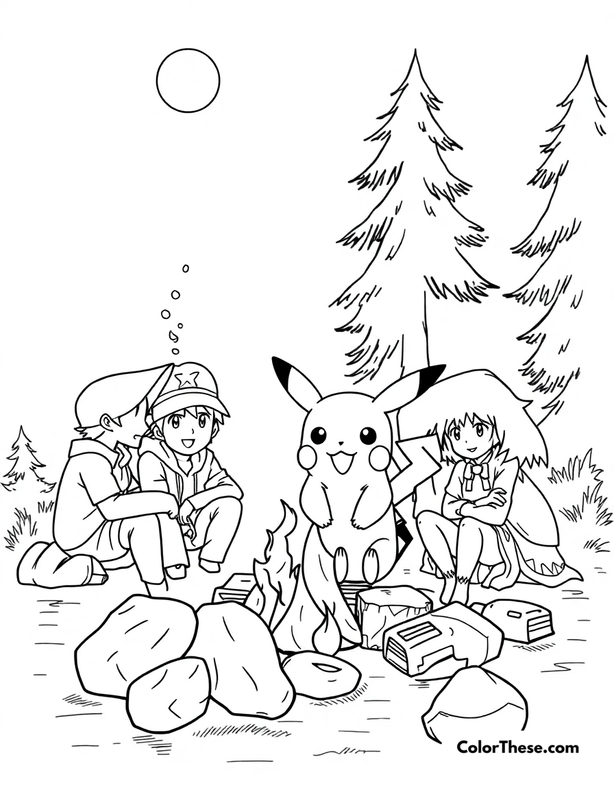 Free printable pikachu and a campfire coloring page for kids and adults - A pikachu sitting by a campfire with ash and friends.