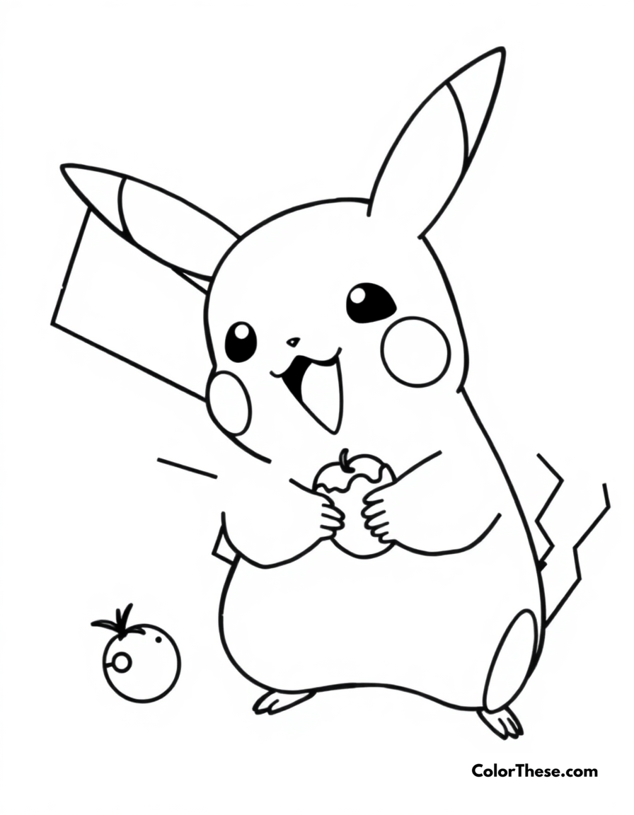 Free printable pikachu eating a berry coloring page for kids and adults - A pikachu happily eating a berry.