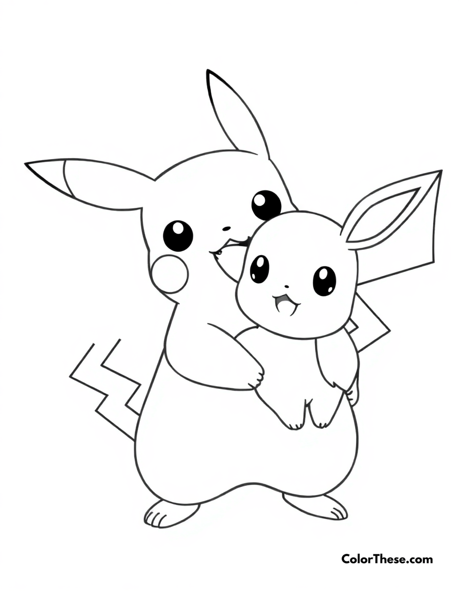 Free printable pikachu and eevee together coloring page for kids and adults - A pikachu standing with its friend eevee.