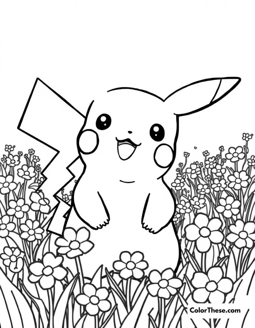 Free printable pikachu in a flower field coloring page for kids and adults - A pikachu standing in a field of flowers.