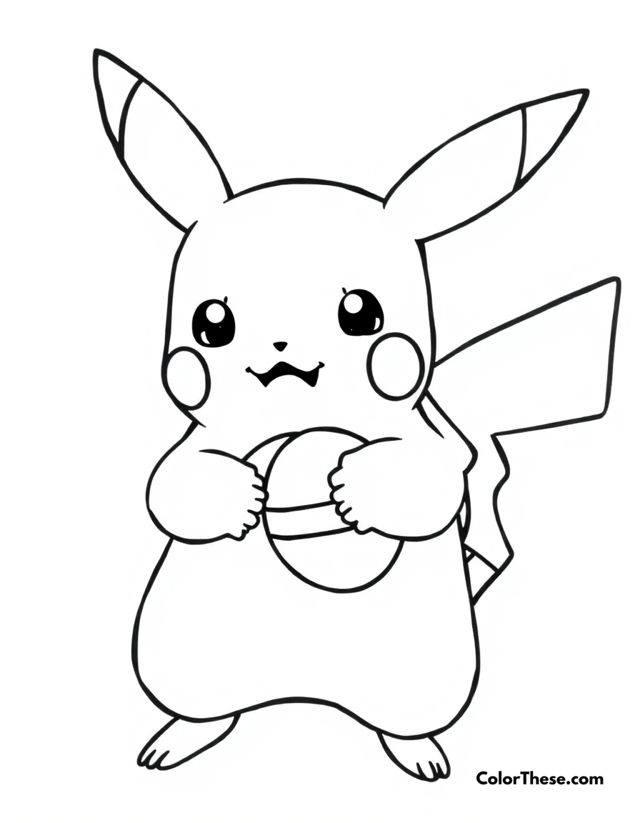 Free printable pikachu holding a poké ball coloring page for kids and adults - A pikachu holding a poké ball with a curious expression.