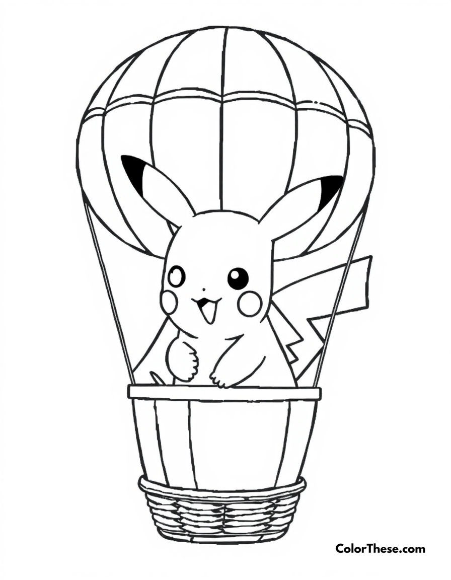 Free printable pikachu and a hot air balloon coloring page for kids and adults - A pikachu riding in a hot air balloon.