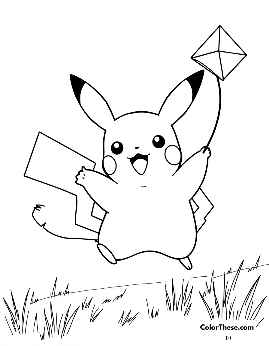 Free printable pikachu and a kite coloring page for kids and adults - A pikachu flying a kite on a windy day.