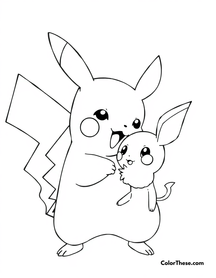 Free printable pikachu and pichu playing coloring page for kids and adults - A pikachu playing with its pre-evolved form, pichu.