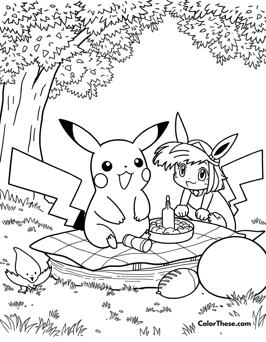 Free printable pikachu and a picnic coloring page for kids and adults - A pikachu enjoying a picnic with ash and friends.