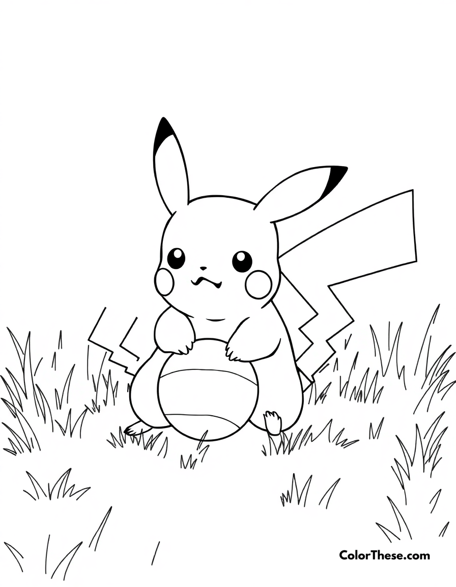 Free printable pikachu playing with a ball coloring page for kids and adults - A pikachu playing with a ball in a grassy field.