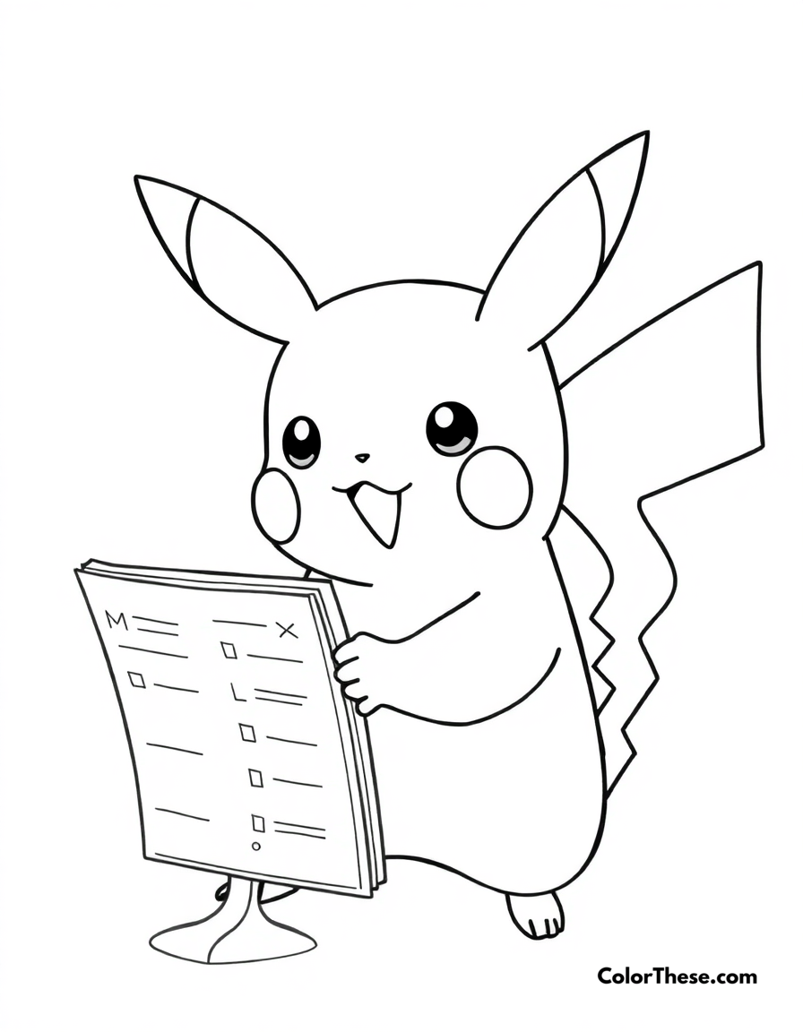 Free printable pikachu and a pokédex coloring page for kids and adults - A pikachu looking at a pokédex with curiosity.