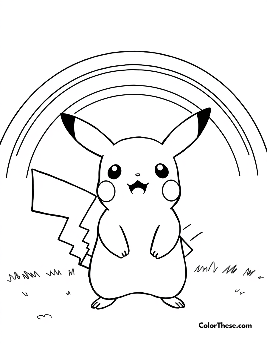 Free printable pikachu and a rainbow coloring page for kids and adults - A pikachu standing under a rainbow.