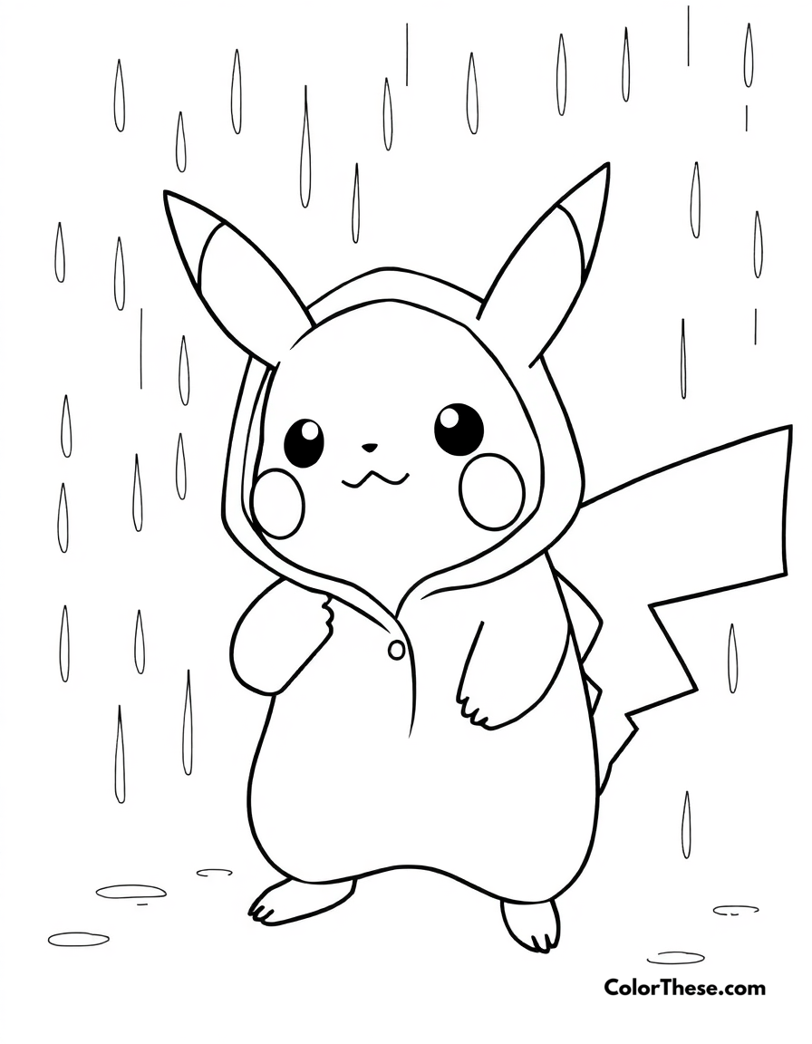 Free printable pikachu in a raincoat coloring page for kids and adults - A pikachu wearing a raincoat in the rain.