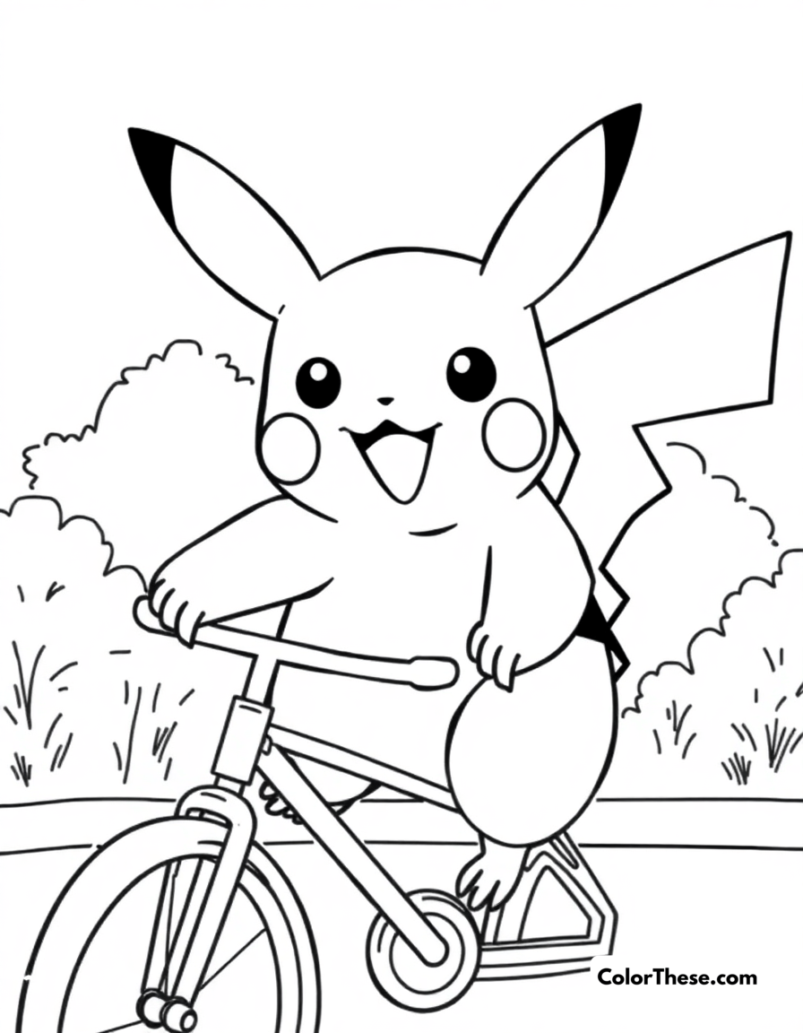 Free printable pikachu riding a bicycle coloring page for kids and adults - A pikachu riding a bicycle with a big smile.