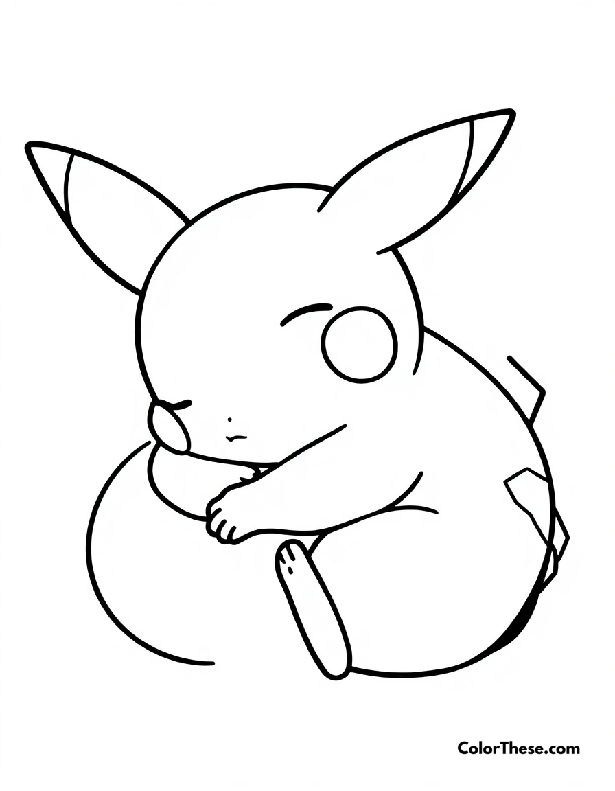 Free printable pikachu sleeping coloring page for kids and adults - A pikachu curled up and sleeping peacefully.