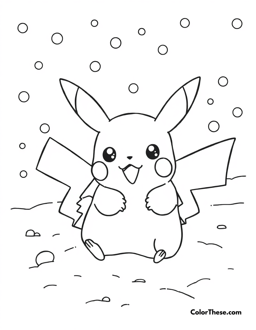 Free printable pikachu in a snowy landscape coloring page for kids and adults - A pikachu playing in the snow.