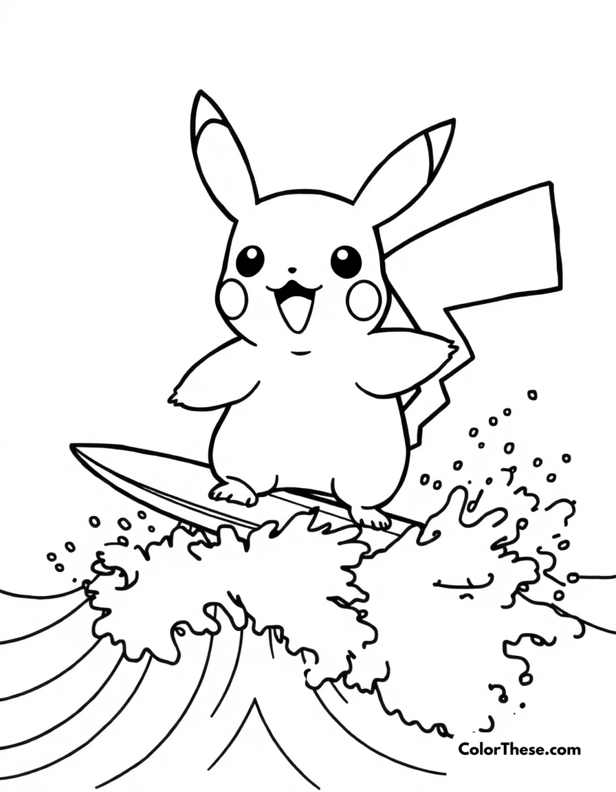 Free printable pikachu and a surfboard coloring page for kids and adults - A pikachu riding a surfboard on the waves.