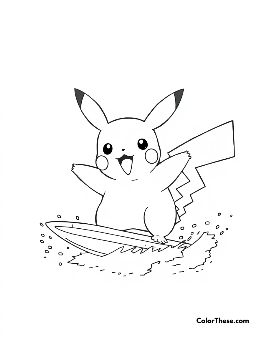 Free printable pikachu and a surfing competition coloring page for kids and adults - A pikachu competing in a surfing competition.