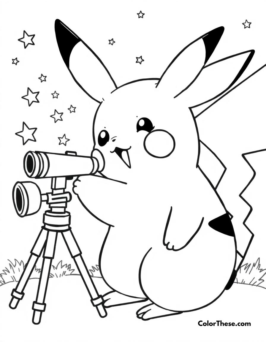 Free printable pikachu and a telescope coloring page for kids and adults - A pikachu looking through a telescope at the stars.