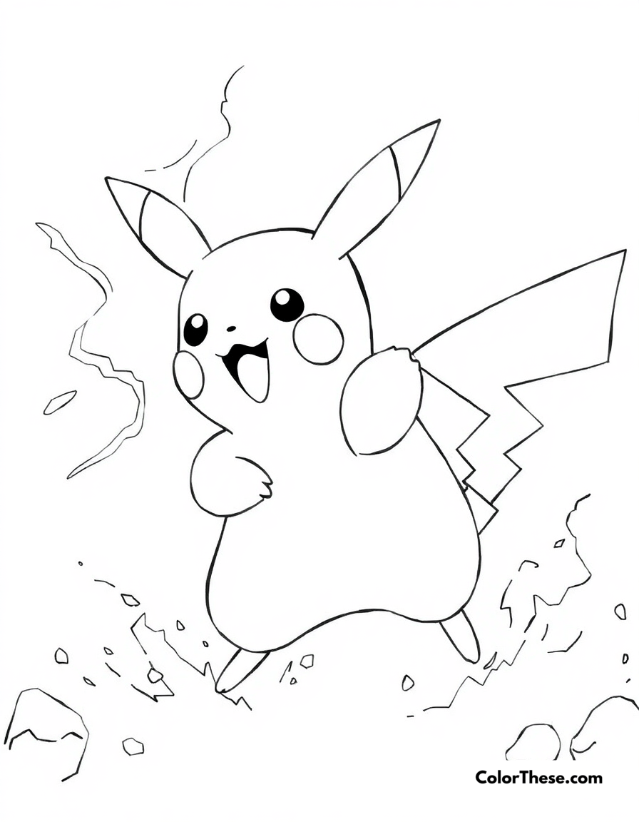 Free printable pikachu using thunderbolt coloring page for kids and adults - A pikachu using its thunderbolt attack in battle.