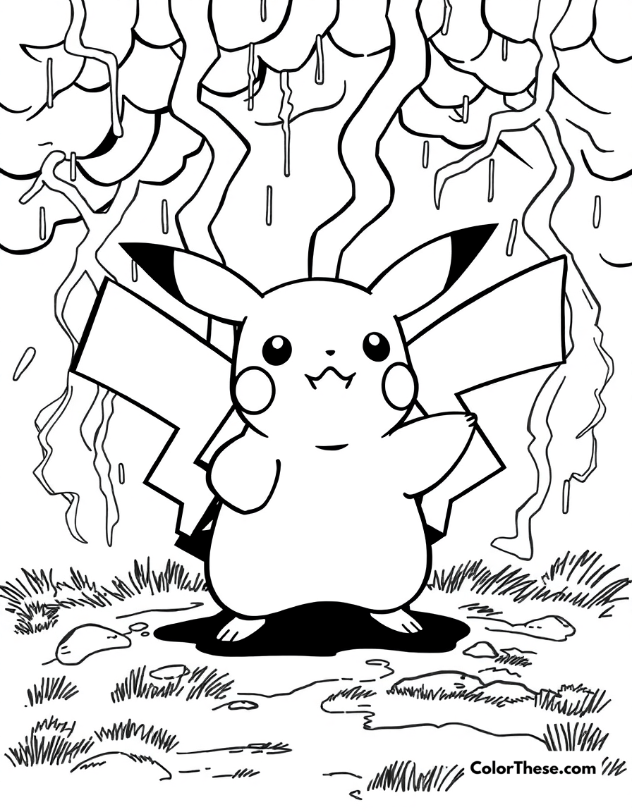 Free printable pikachu and a thunderstorm coloring page for kids and adults - A pikachu standing in a thunderstorm, ready to battle.