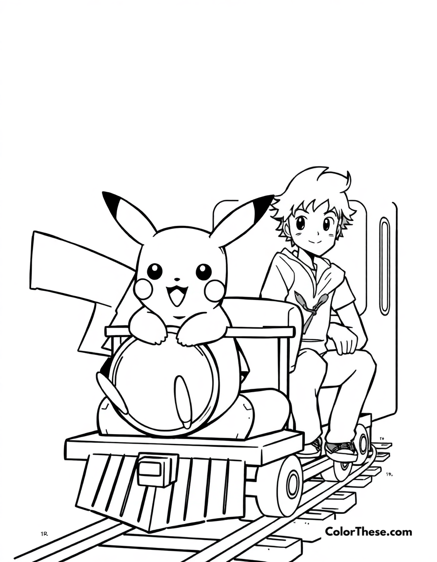 Free printable pikachu and a train coloring page for kids and adults - A pikachu riding on a train with ash.