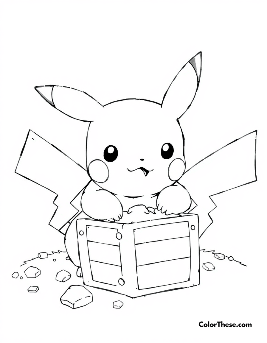 Free printable pikachu and a treasure chest coloring page for kids and adults - A pikachu discovering a treasure chest.