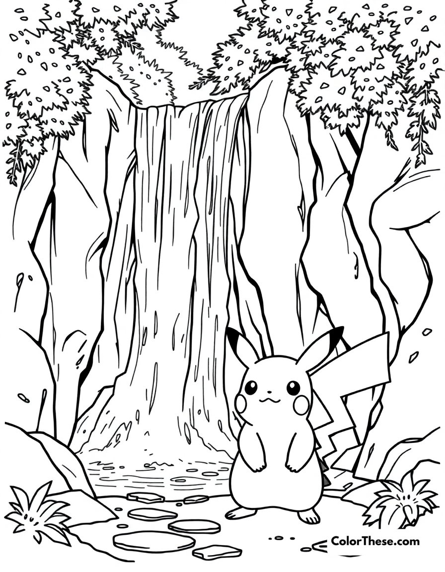 Free printable pikachu and a waterfall coloring page for kids and adults - A pikachu standing near a cascading waterfall.