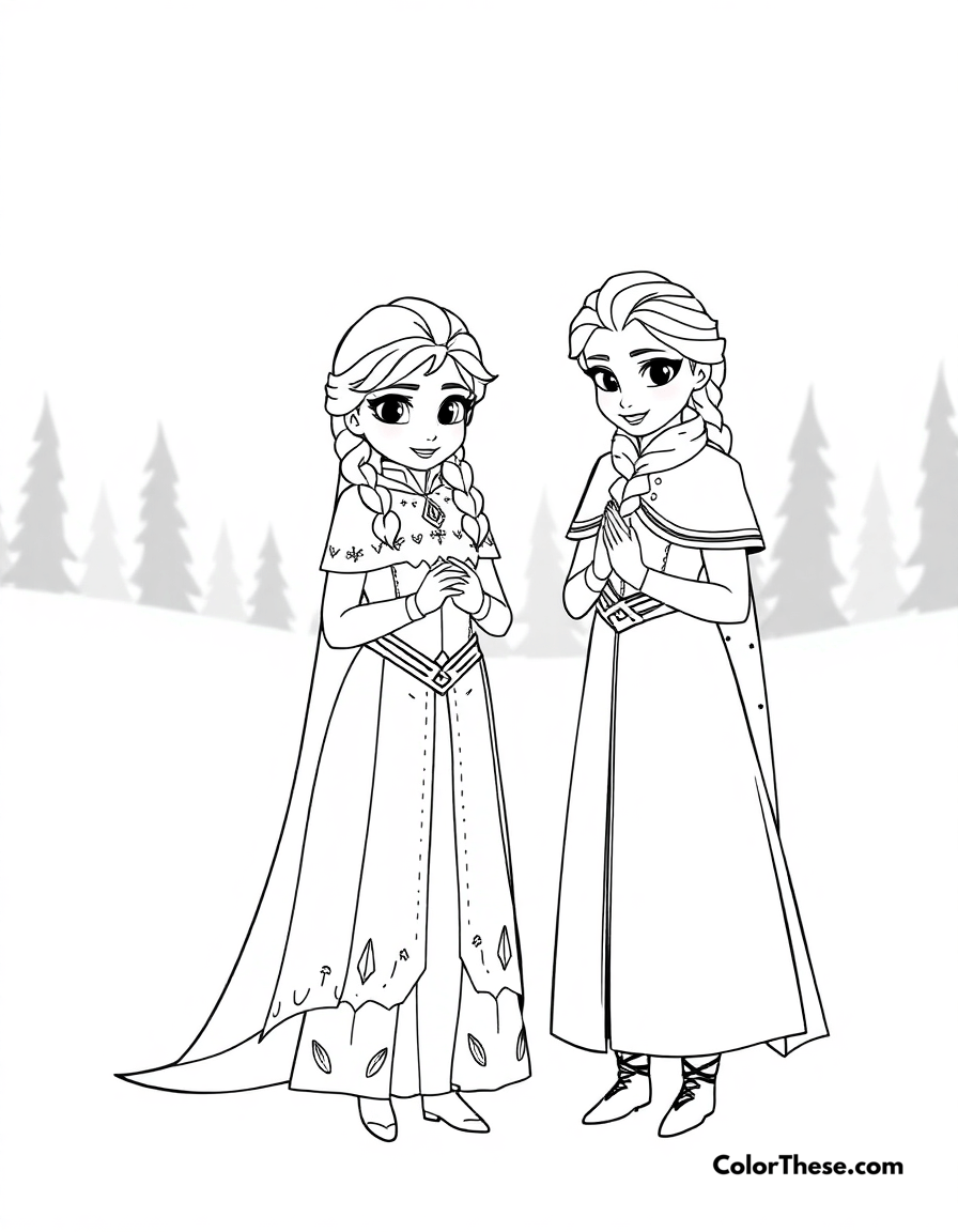 Free printable anna and elsa together coloring page for kids and adults - A anna and elsa (disney) standing together in the snow.