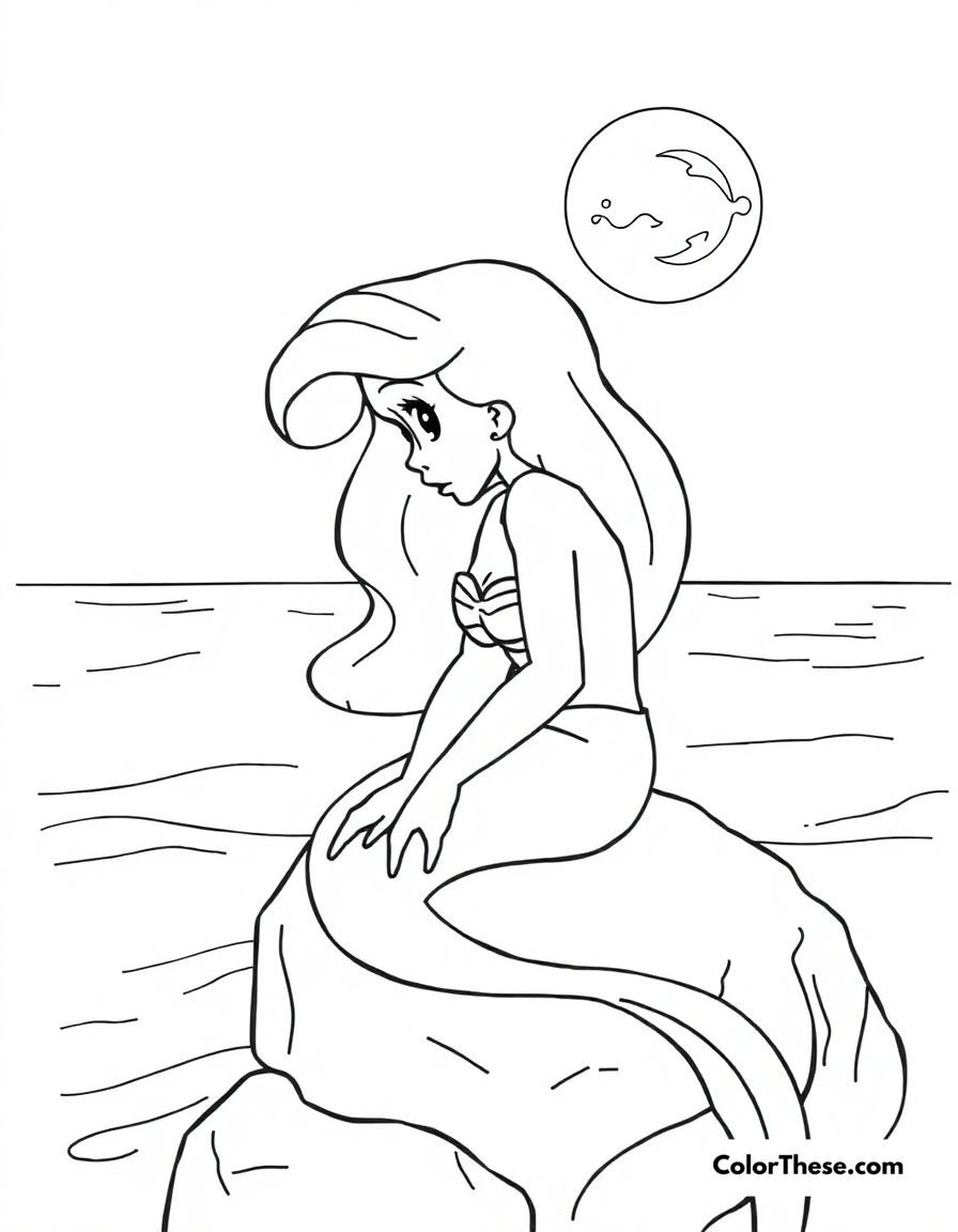 Free printable ariel on the rocks coloring page for kids and adults - A ariel (disney) sitting on a rock by the ocean, dreaming of the human world.