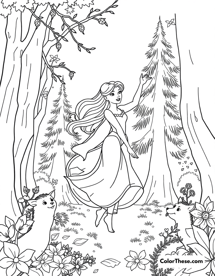 Free printable aurora dancing in the forest coloring page for kids and adults - A aurora (disney) dancing in the forest with her animal friends.