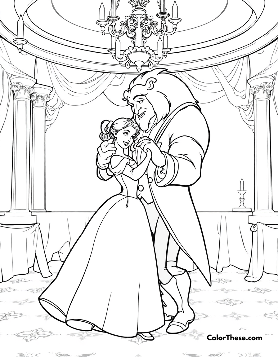 Free printable belle with the beast in the ballroom coloring page for kids and adults - A belle (disney) dancing with the beast in the grand ballroom.