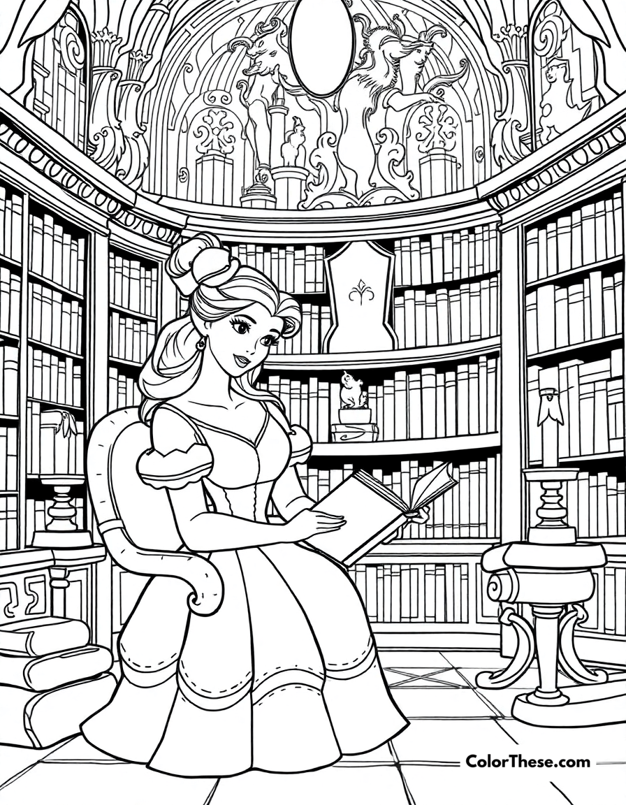 Free printable belle reading in the library coloring page for kids and adults - A belle (disney) reading a book in the beast’s grand library.