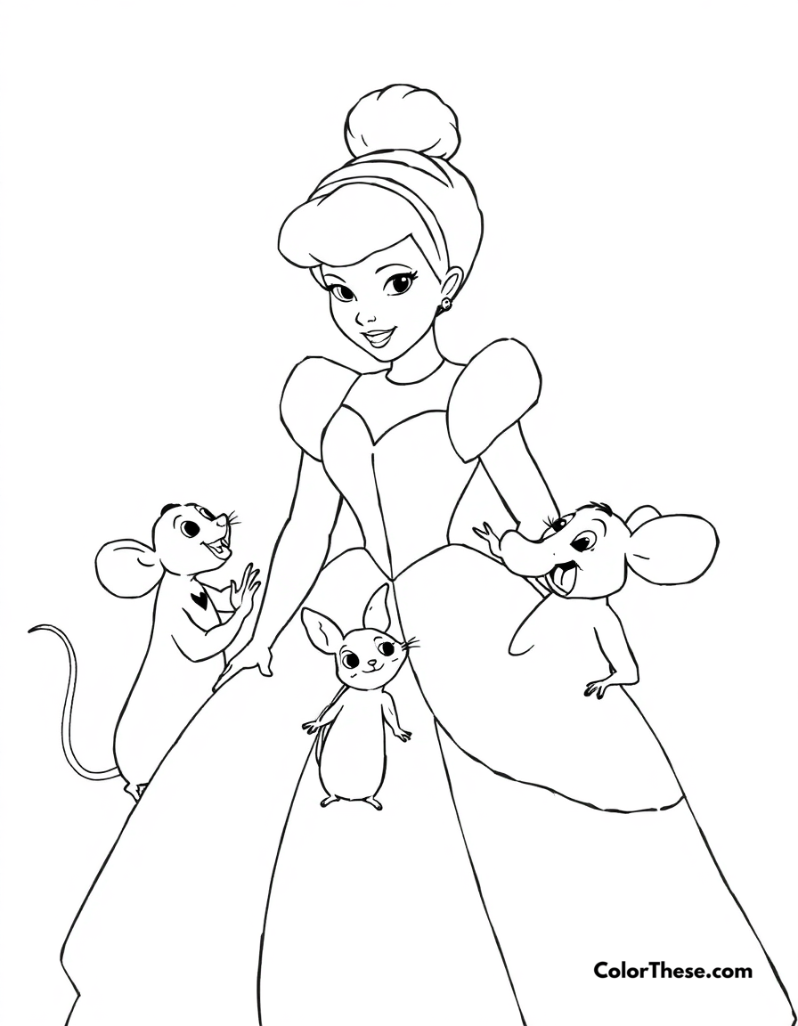 Free printable cinderella and her mice friends coloring page for kids and adults - A cinderella (disney) with her mice friends jaq and gus.